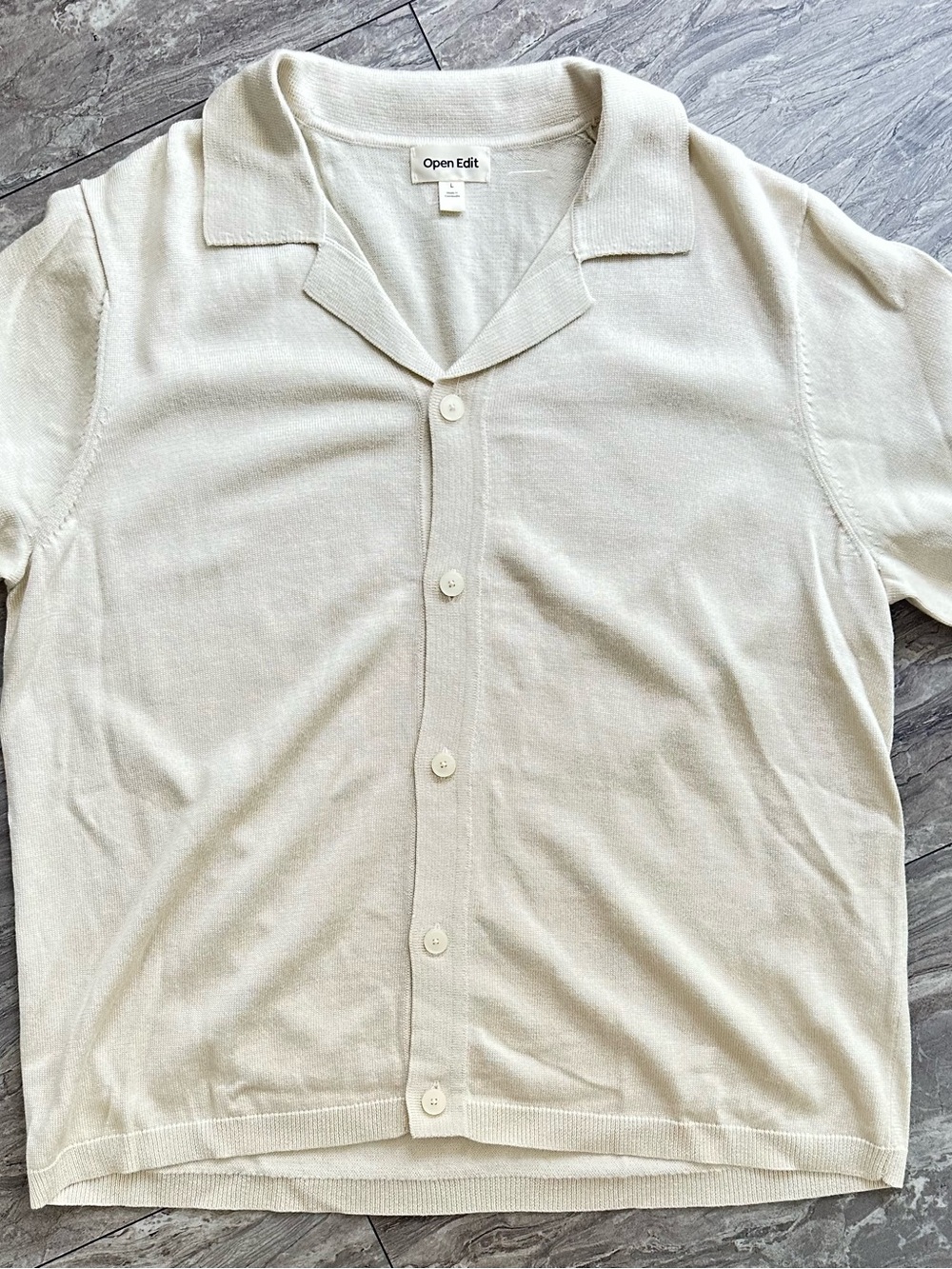 Open Edit Men’s Large Ivory Knit Button Up Camp Collar Short Sleeve Shirt